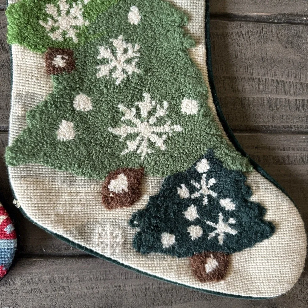 Vintage Needlepoint Christmas Tree Wool Stockings Rustic Cabin Lodge Velvet Back